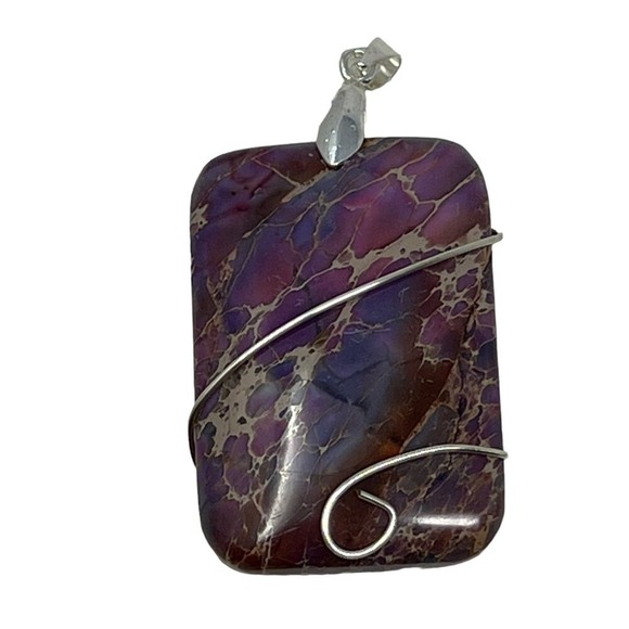 Wire Wrapped Stone‎ Pendant Pink Purple Jasper Silver Tone - Picture 7 of 7